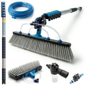 Solar Panel and Window Cleaning Kit with 18ft Extendable Pole, 2 Water Fed Brushes, 33ft Hose, Blue, 16 Inches, Nylon, Aluminum