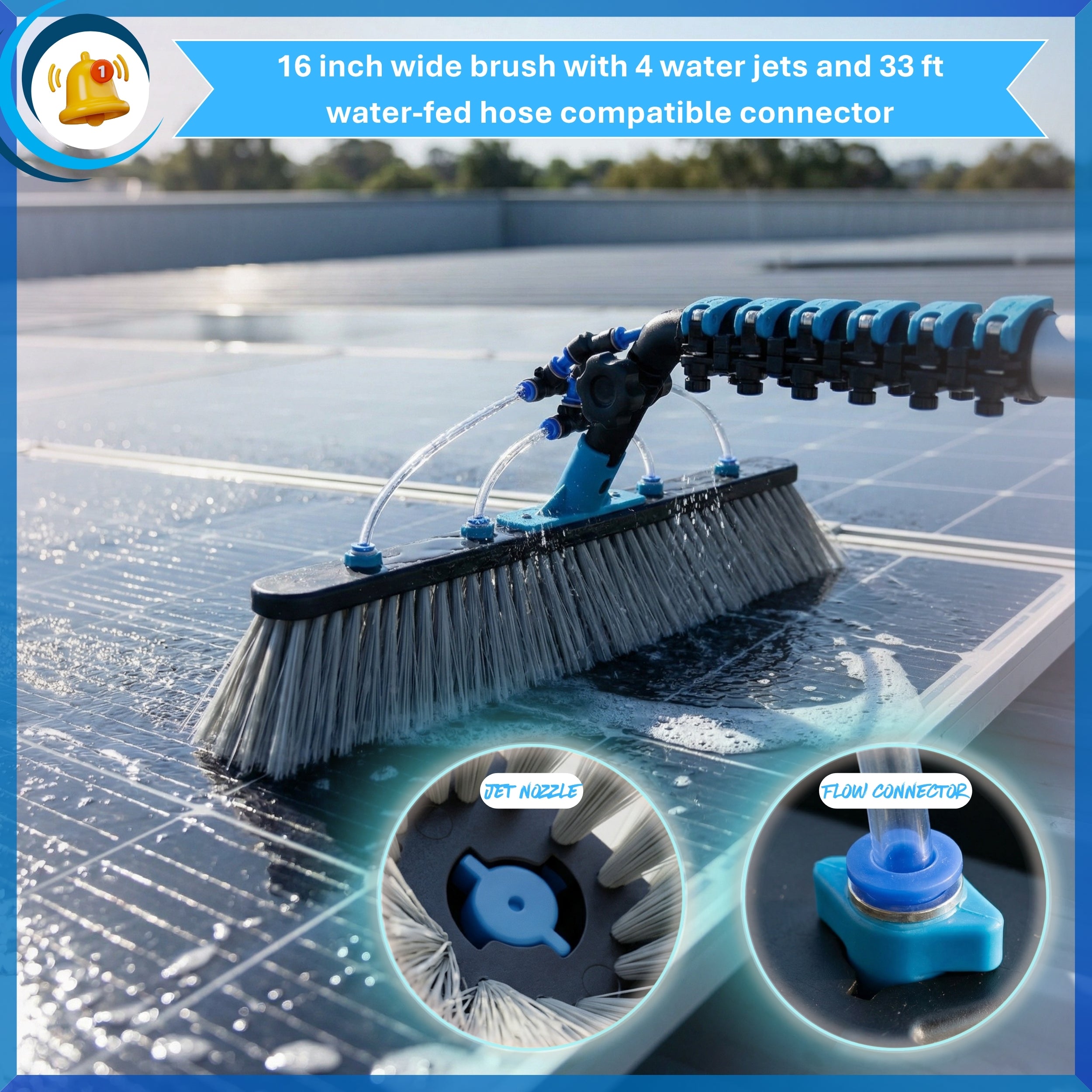 Solar Panel and Window Cleaning Kit with 18ft Extendable Pole, 2 Water Fed Brushes, 33ft Hose, Blue, 16 Inches, Nylon, Aluminum - Image 2