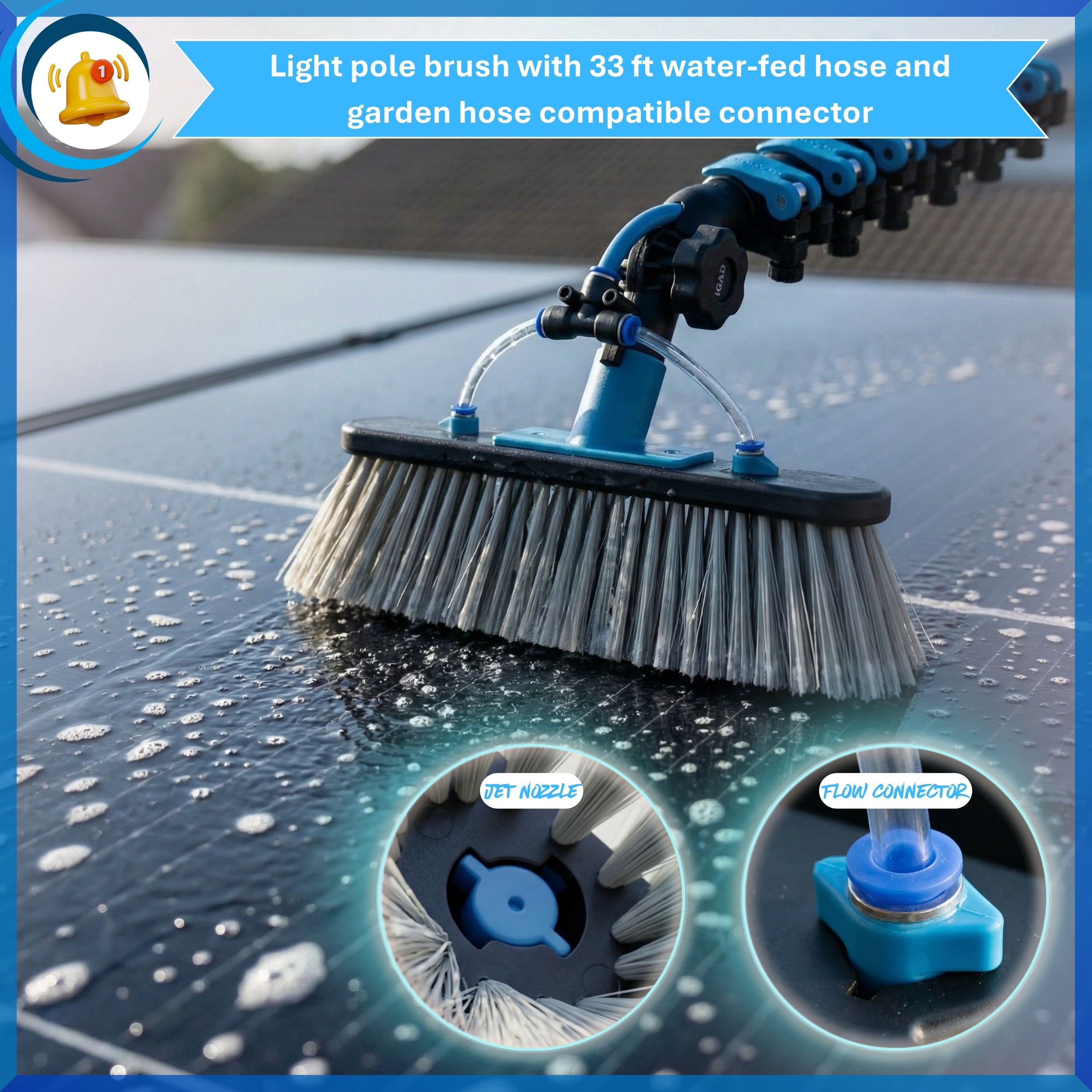 Solar Panel and Window Cleaning Kit with 18ft Extendable Pole, 2 Water Fed Brushes, 33ft Hose, Blue, 16 Inches, Nylon, Aluminum - Image 3