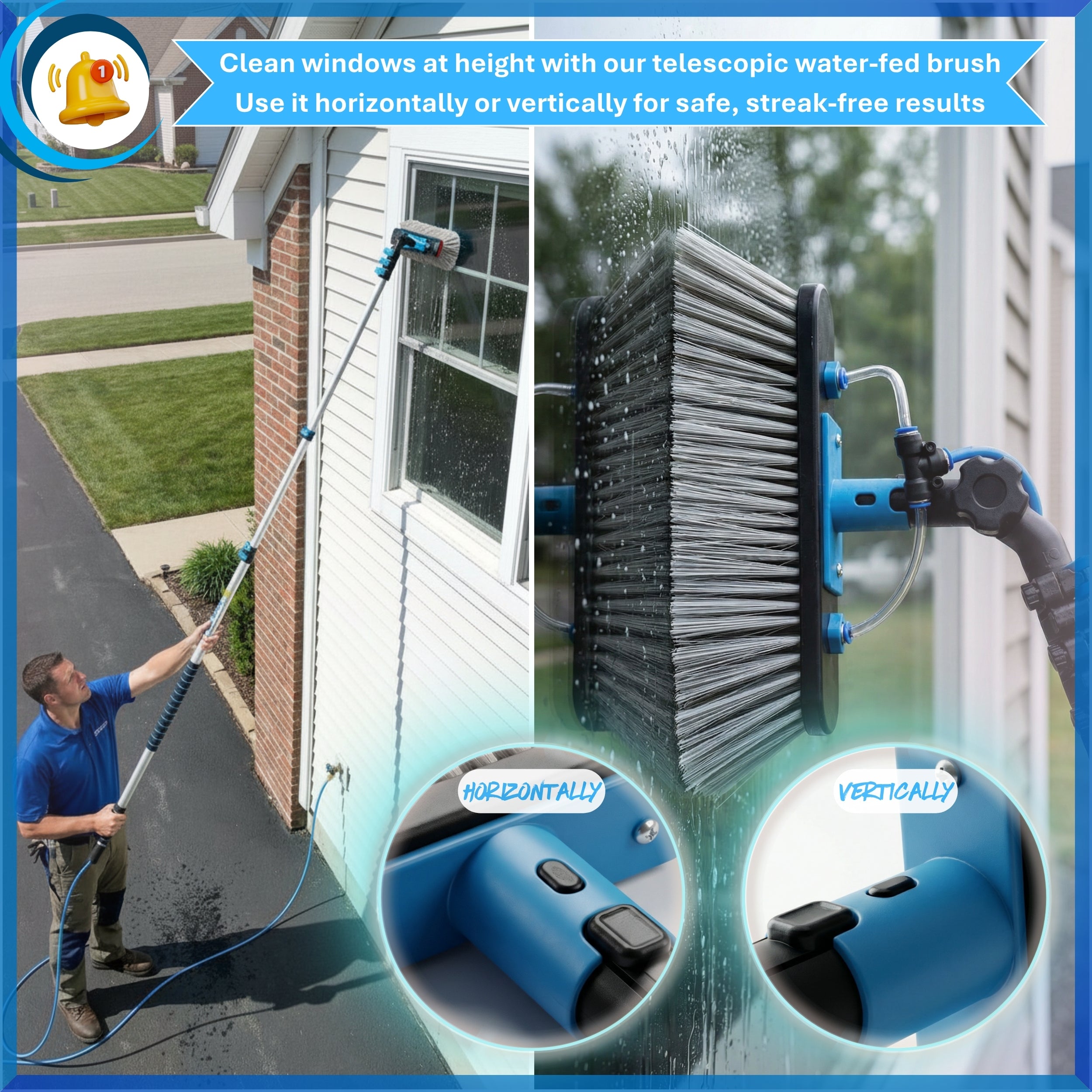 Solar Panel and Window Cleaning Kit with 18ft Extendable Pole, 2 Water Fed Brushes, 33ft Hose, Blue, 16 Inches, Nylon, Aluminum - Image 4