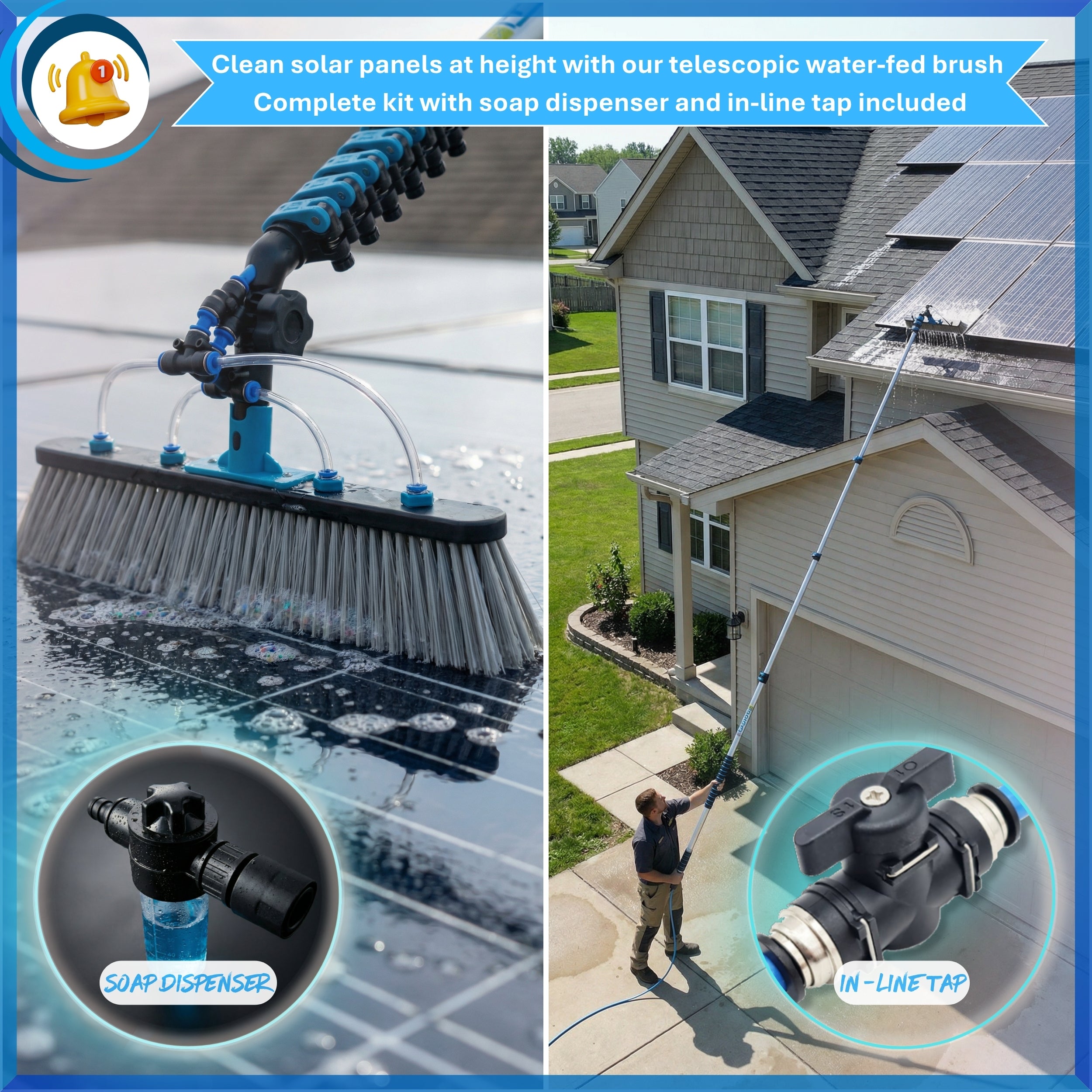 Solar Panel and Window Cleaning Kit with 18ft Extendable Pole, 2 Water Fed Brushes, 33ft Hose, Blue, 16 Inches, Nylon, Aluminum - Image 5