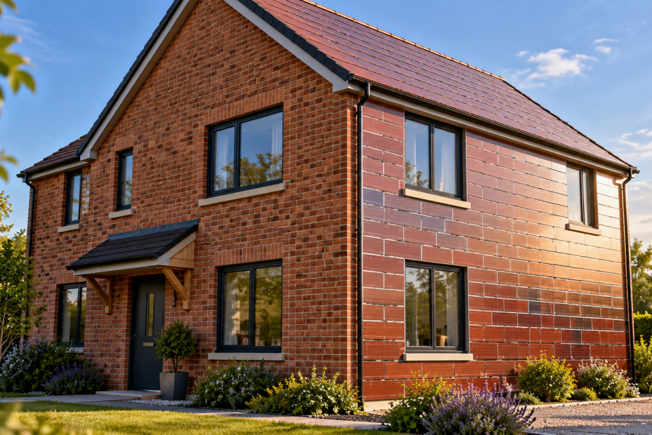 Illustration of a modern British house with traditional brickwork and solar panels designed to resemble brick walls