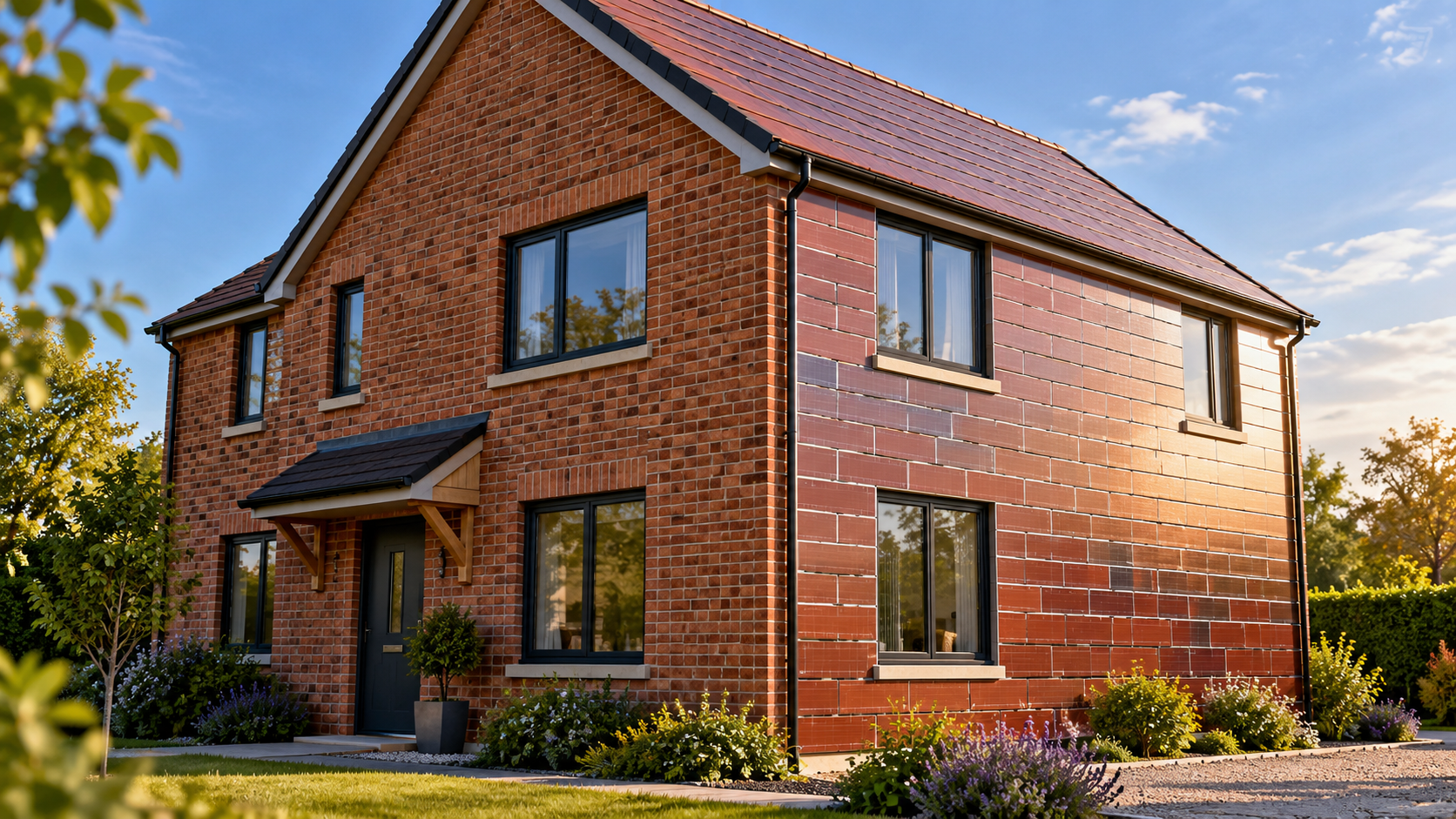 Illustration of a modern British house with traditional brickwork and solar panels designed to resemble brick walls