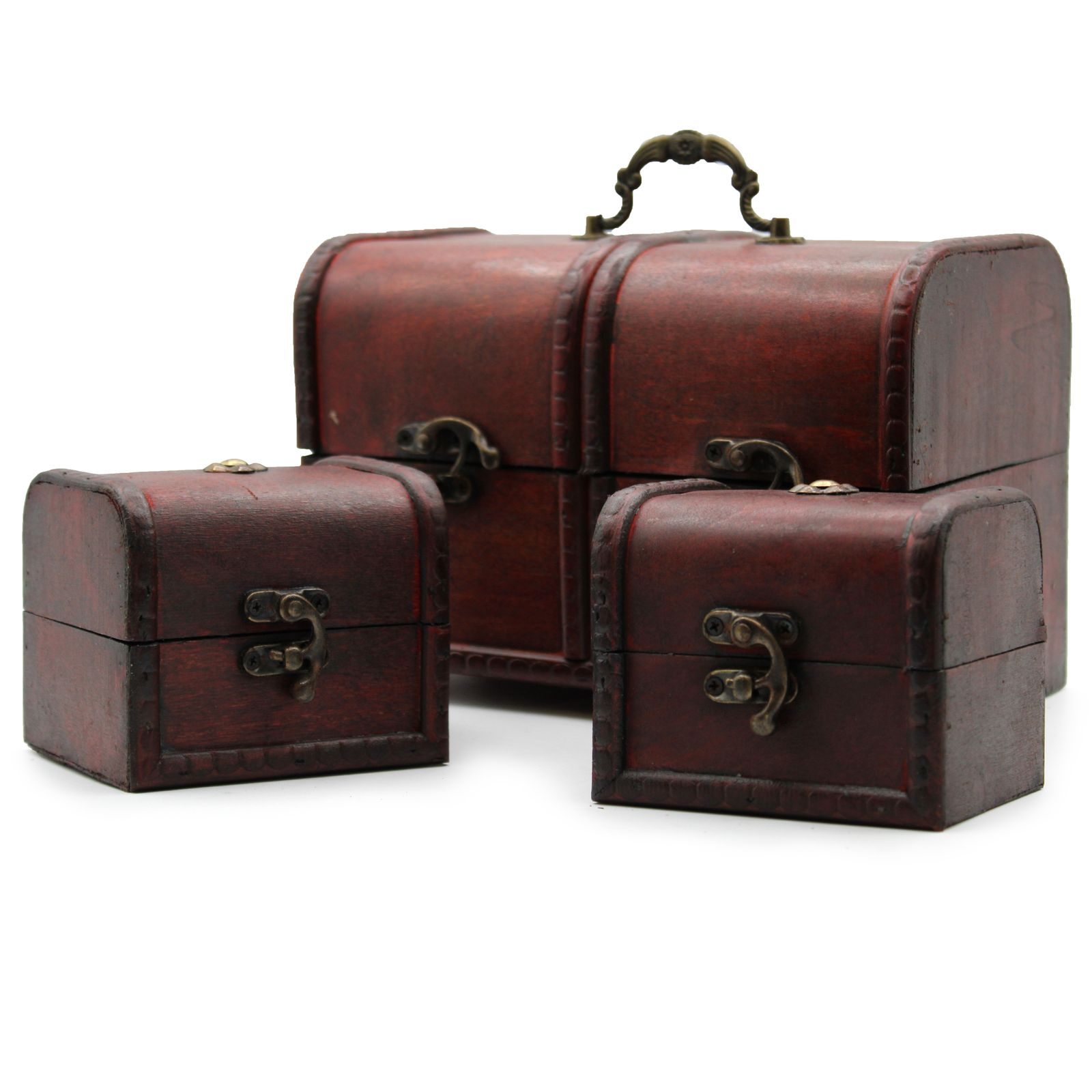 Set of 3 Vintage Wooden Treasure Chests – Antique Style Storage & Trinket Boxes