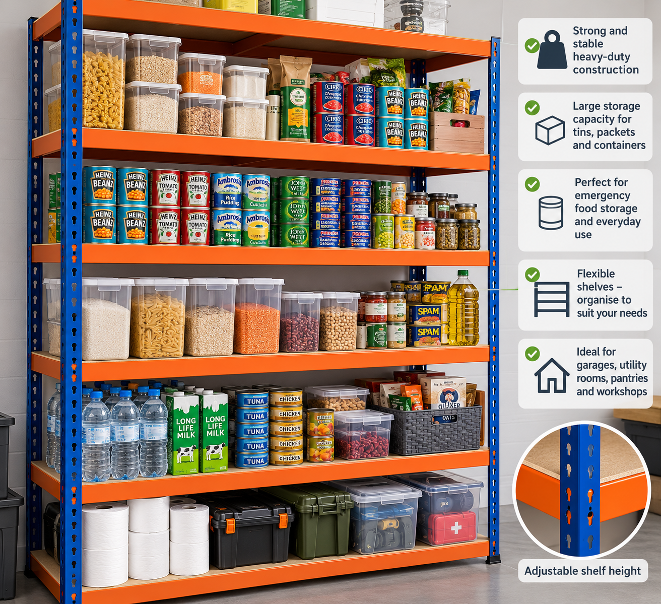Illustration of heavy-duty shelving stocked with tins, dry foods and emergency pantry supplies