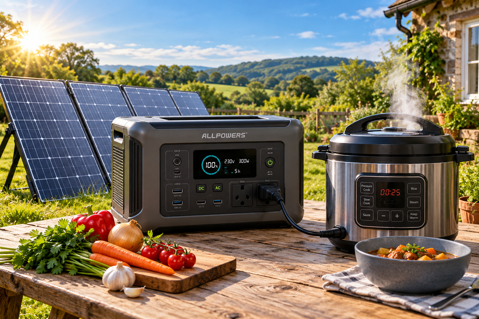 Portable power station connected to solar panels with an electric cooker nearby
